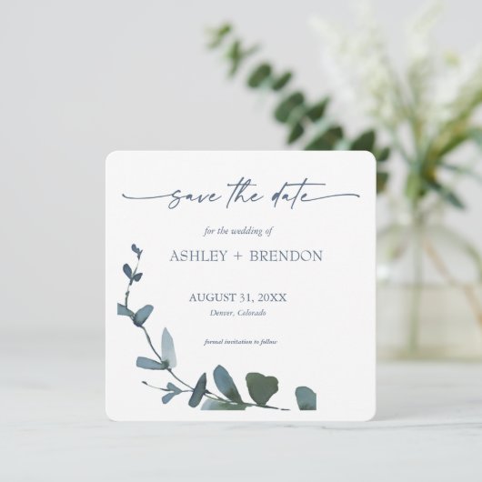 Invitation Blue Botanical Leaf Save the Date w/QR Code+Image (Debout devant)