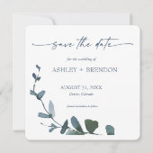 Invitation Blue Botanical Leaf Save the Date w/QR Code+Image (Devant)