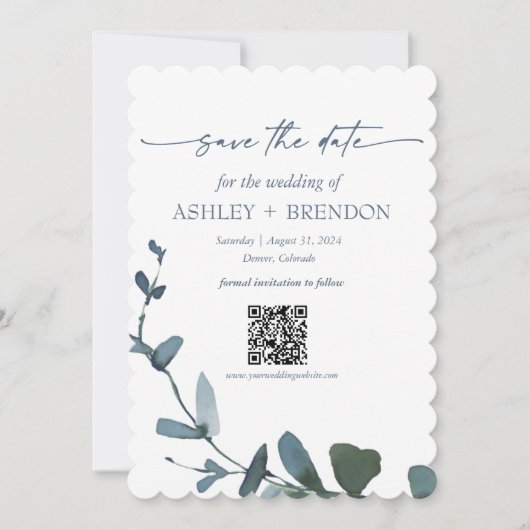 Invitation Blue Botanical Leaf Save the Date w/QR + Image (Devant)
