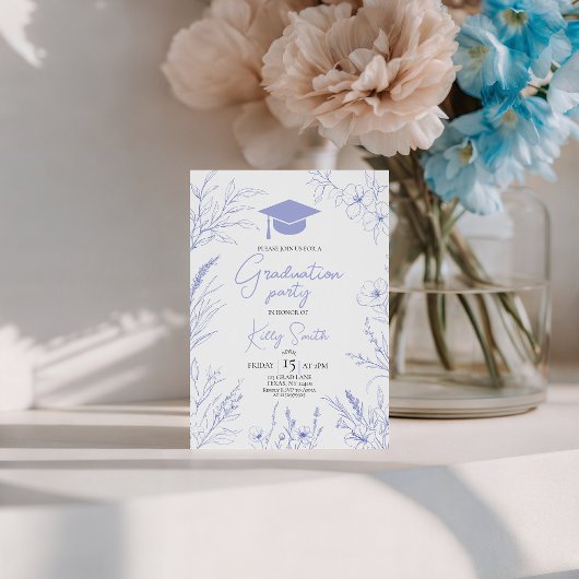 Invitation Blue Botanical Sketch Graduation Invite