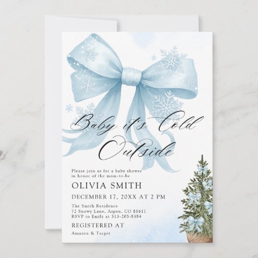 Invitation Blue Bow Baby Il fait froid dehors Baby shower (Devant)