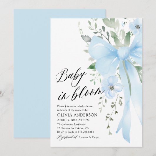 Invitation Blue Bow Baby in Bloom Floral Boy Baby shower (Devant / Derrière)