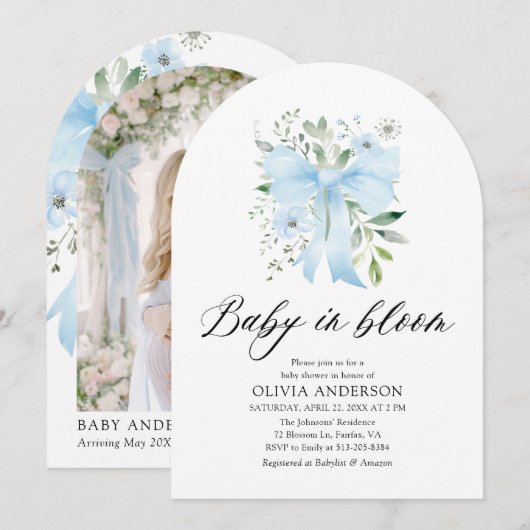 Invitation Blue Bow Baby in Bloom Floral Boy Baby shower (Devant / Derrière)