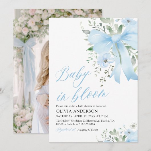 Invitation Blue Bow Baby in Bloom Floral Boy Baby shower (Devant / Derrière)
