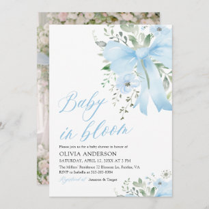 Invitation Blue Bow Baby in Bloom Floral Boy Baby shower