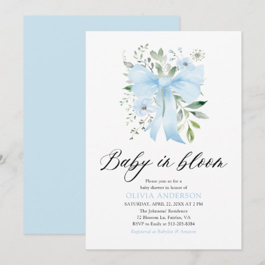 Invitation Blue Bow Baby in Bloom Floral Boy Baby shower (Devant / Derrière)