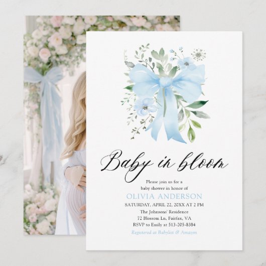 Invitation Blue Bow Baby in Bloom Floral Boy Baby shower (Devant / Derrière)