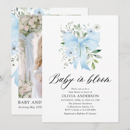 Invitation Blue Bow Baby in Bloom Floral Boy Baby shower (Devant / Derrière)