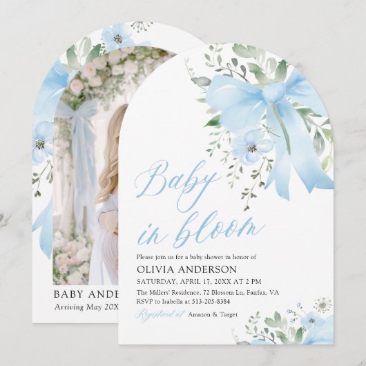 Invitation Blue Bow Baby in Floral Boy Arch Baby shower (Devant / Derrière)