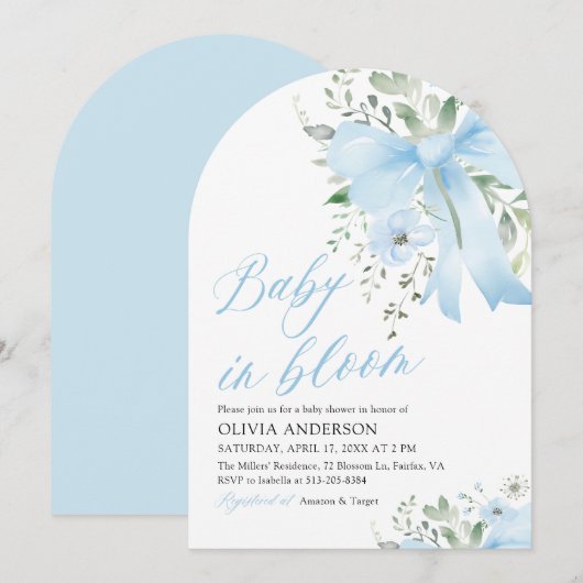 Invitation Blue Bow Baby in Floral Boy Arch Baby shower (Devant / Derrière)