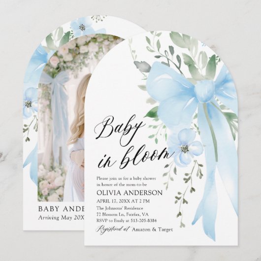 Invitation Blue Bow Baby in Floral Boy Arch Baby shower (Devant / Derrière)