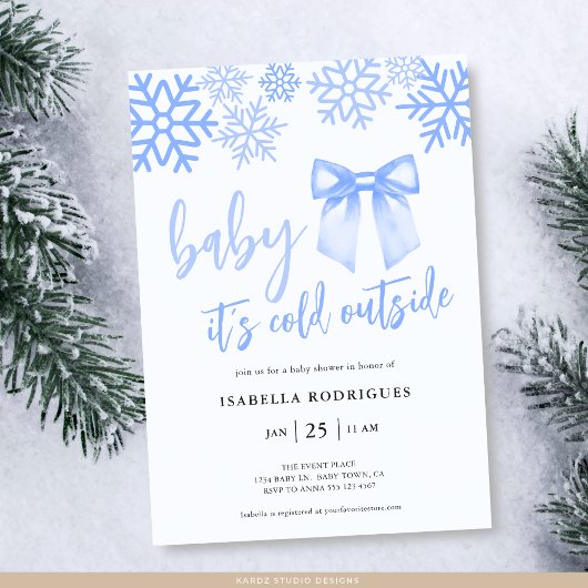 Invitation Blue Bow Baby Its Cold Outside Baby Shower