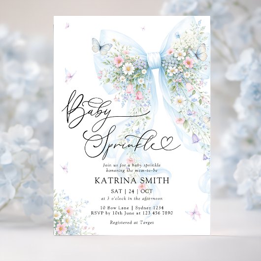Invitation Blue Bow Baby Sprinkle Floral Baby Shower