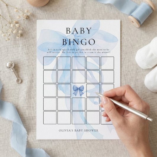 Invitation Blue Bow Bingo Baby Shower Game Card