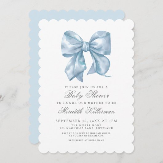 Invitation Blue Bow Boy Baby Shower (Devant / Derrière)