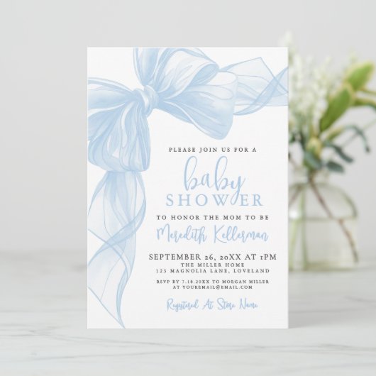 Invitation Blue Bow Boy Baby Shower (Debout devant)