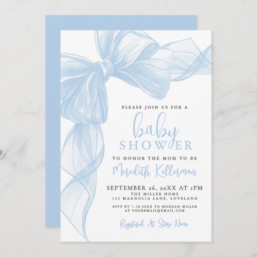 Invitation Blue Bow Boy Baby Shower (Devant / Derrière)