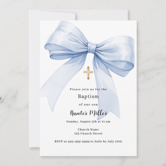 Invitation Blue bow boy Baptême (Devant)