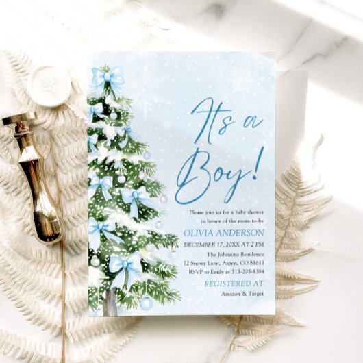 Invitation Blue Bow Boy Christmas Tree Oh Baby Baby shower