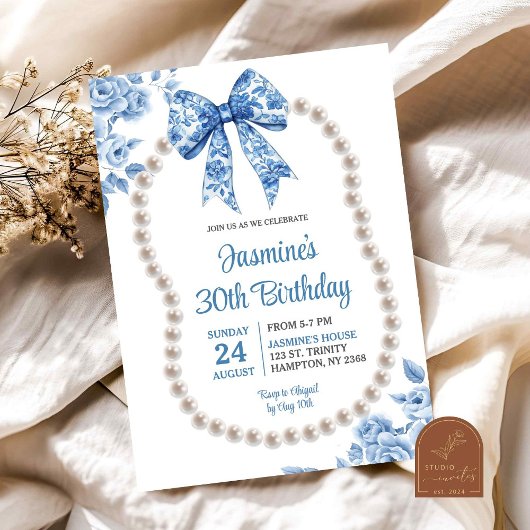 Invitation Blue Bow Chinoiserie Pearl Femmes Anniversaire