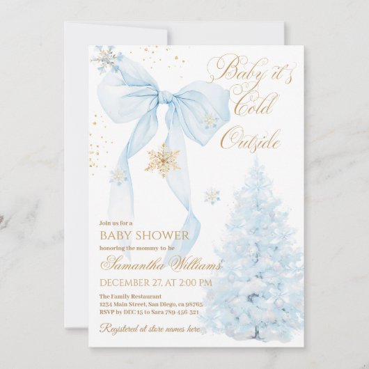 Invitation Blue Bow Cold Outside Boy Baby Shower (Devant)