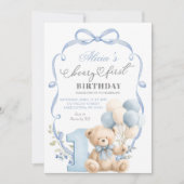 Invitation Blue Bow Coquette Beary First Birthday (Devant)