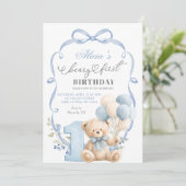 Invitation Blue Bow Coquette Beary First Birthday (Debout devant)