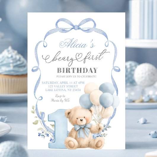 Invitation Blue Bow Coquette Beary First Birthday