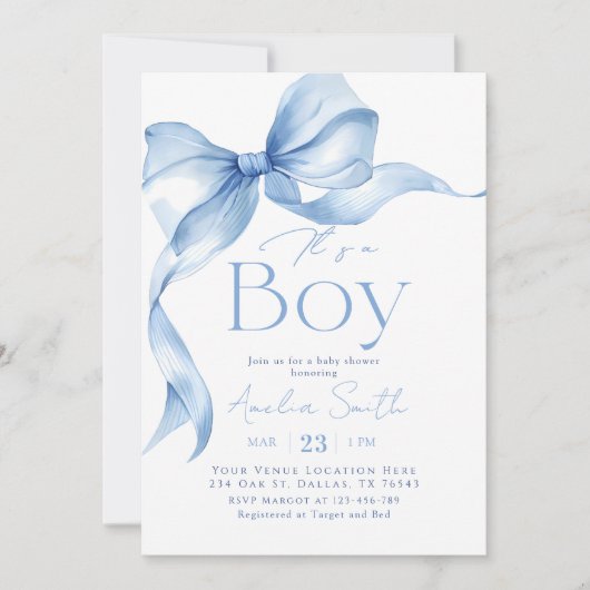 Invitation Blue Bow Coquette Boy Baby Shower (Devant)