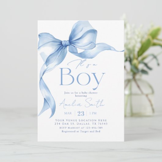 Invitation Blue Bow Coquette Boy Baby Shower (Debout devant)