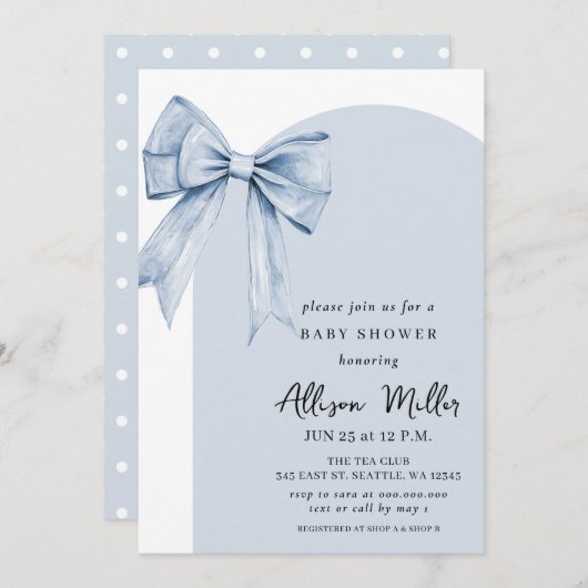 Invitation Blue Bow Coquette Boy Baby Shower  (Devant / Derrière)
