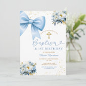 Invitation Blue Bow Coquette Girl Baptism and Birthday Floral (Debout devant)