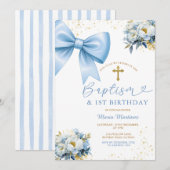 Invitation Blue Bow Coquette Girl Baptism and Birthday Floral (Devant / Derrière)