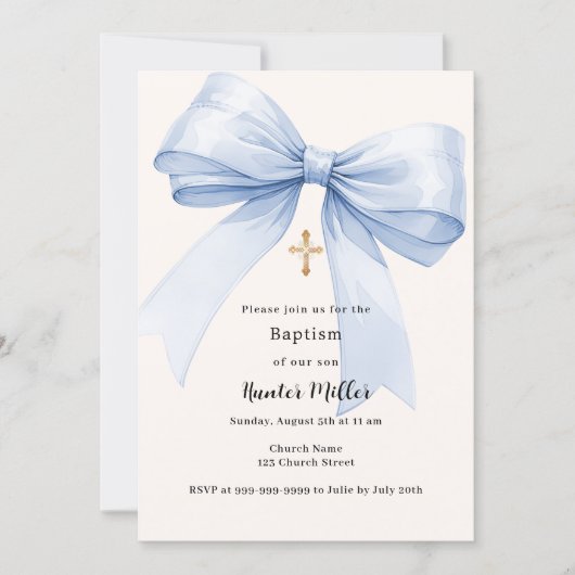 Invitation Blue bow crème garçon Baptême (Devant)