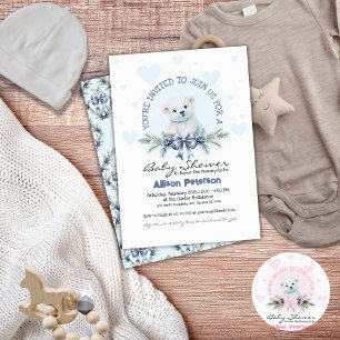 Invitation Blue Bow Cute Bear Cub Winter Boy Baby shower