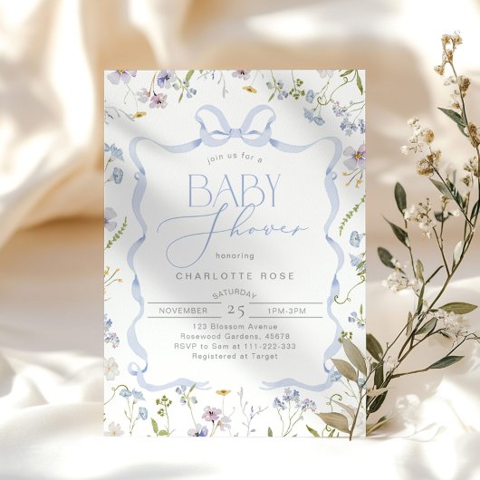 Invitation Blue Bow Fleur sauvage Cadre en ruban Bébé Garçon 