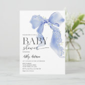 Invitation Blue Bow Floral Baby Boy Douche (Debout devant)