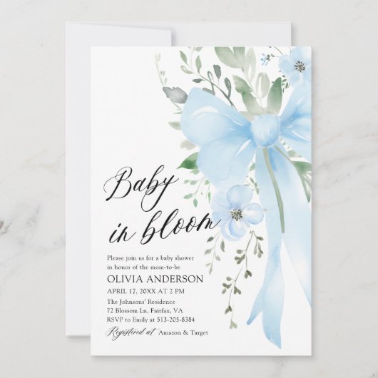 Invitation Blue Bow Floral Baby in Bloom Boy Baby shower (Devant)