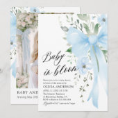 Invitation Blue Bow Floral Baby in Bloom Boy Baby shower (Devant / Derrière)