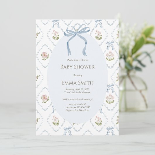 Invitation Blue Bow Floral Baby Shower  (Debout devant)