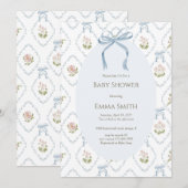 Invitation Blue Bow Floral Baby Shower  (Devant / Derrière)