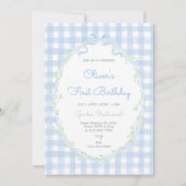 Invitation Blue Bow Floral Birthday Boy Blue Gingham (Devant)