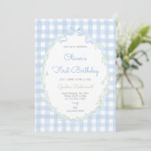 Invitation Blue Bow Floral Birthday Boy Blue Gingham (Debout devant)