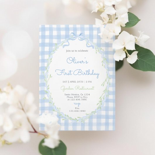 Invitation Blue Bow Floral Birthday Boy Blue Gingham