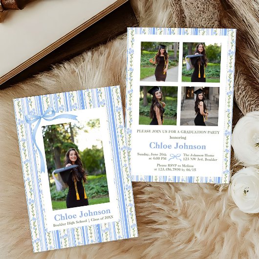 Invitation Blue Bow Floral Graduation
