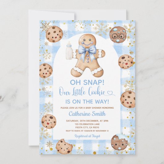 Invitation Blue Bow Gingerbread Christmas Baby Shower Gingham (Devant)