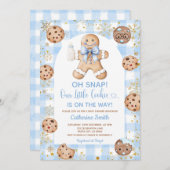 Invitation Blue Bow Gingerbread Christmas Baby Shower Gingham (Devant / Derrière)