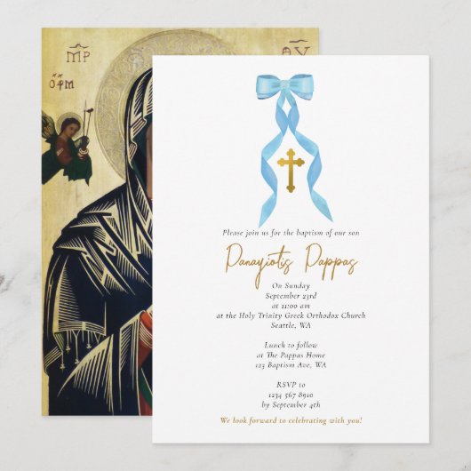 Invitation Blue Bow Grec Orthodoxe Christening Garçon Baptême (Devant / Derrière)