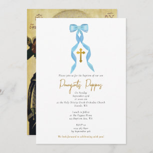 Invitation Blue Bow Grec Orthodoxe Christening Garçon Baptême