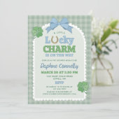 Invitation Blue Bow Horseshoe Lucky Charm Boy Baby Shower (Debout devant)